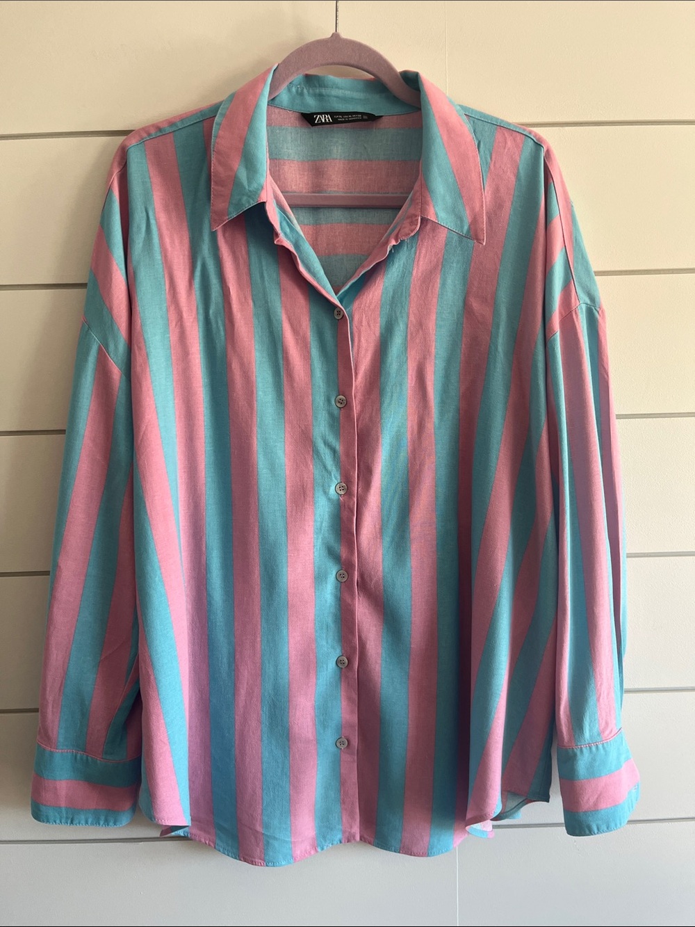 Zara Linen Blend Relaxed Vertical Stripe Button-Down in Pink and Teal Size XL - Picture 3 of 7